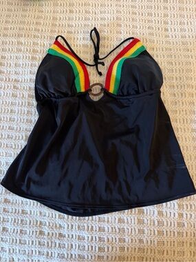Xhilaration Black Tankini Top with Red, Yellow & Green Trim